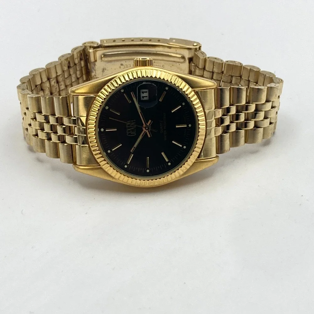 Geneva Men's Dress Watch 35mm Gold Tone Black Dial Date Bubble New Battery 7.75